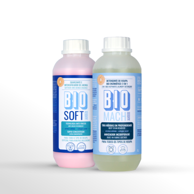 Dois frascos de produtos de limpeza BIO, um rosa e outro transparente, com etiquetas azuis e brancas.