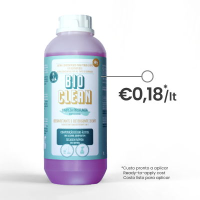Frasco plástico roxo BIO CLEAN detergente e desinfetante 3 em 1 com etiqueta azul e branca