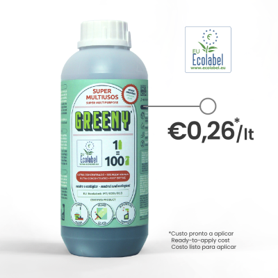 Frasco de produto multiusos Greeny com rótulo ecológico e preço