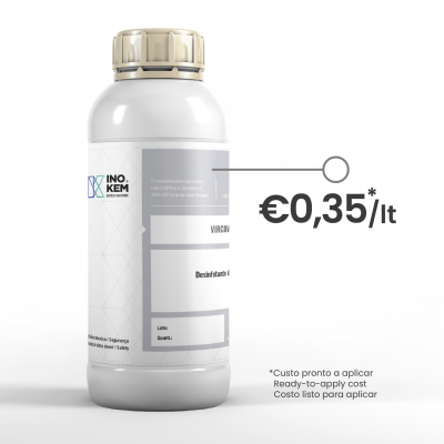 Frasco plástico branco com etiqueta cinza e branca, tampa bege, produto desinfetante INOKEM.