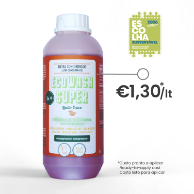Frasco plástico roxo com tampa branca de detergente manual para loiça EcoWash Super.