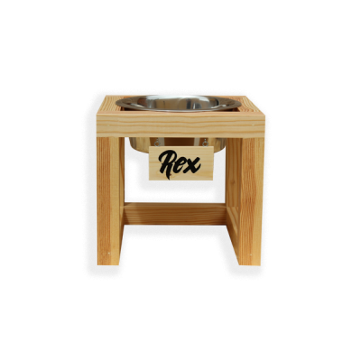 Comedouro de madeira com tigela metálica e etiqueta 'Rex'