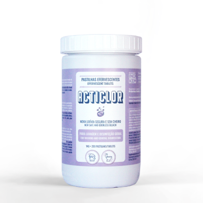 Frasco branco de pastilhas efervescentes ACTICLOR com etiqueta azul clara