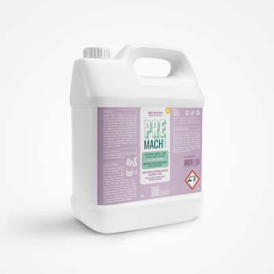 Frasco plástico branco com tampa e etiqueta lilás do produto PRE MACH