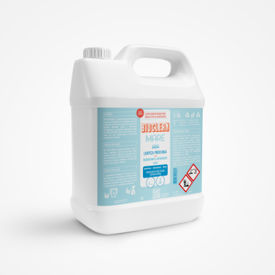 Recipiente plástico branco com etiqueta azul de produto BIOCLEAN MARE