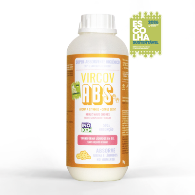 Frasco do super-absorvente higiénico Vircov ABS com rótulo amarelo e branco