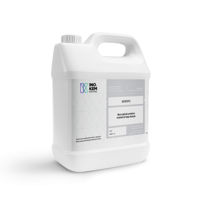 Recipiente plástico branco com etiqueta cinza e texto detalhado