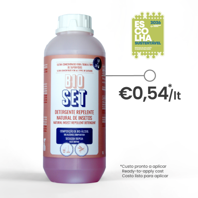 Frasco de detergente repelente natural de insetos BIOSET 1L com rótulo branco e rosa