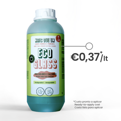 Frasco plástico azul de 1 litro de limpador ECO GLASS com rótulo verde e branco