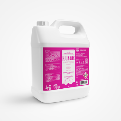 Recipiente plástico branco com rótulo rosa de detergente para mão