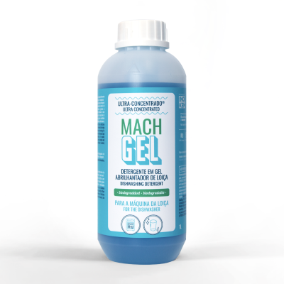 Frasco plástico azul com detergente em gel para máquina de loiça