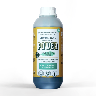 Frasco plástico com rótulo amarelo do produto desengordurante biodegradável Power