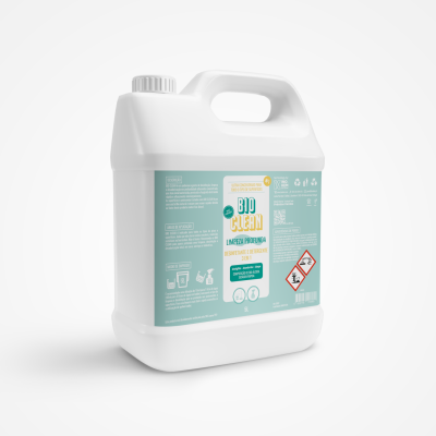Recipiente branco de detergente Bio Clean com rótulo colorido