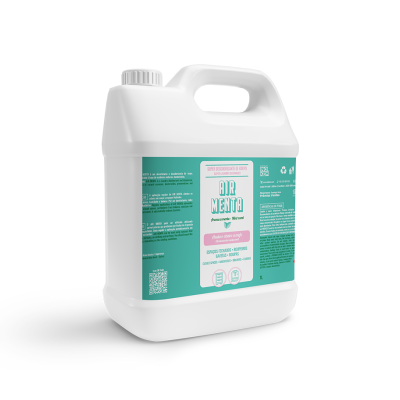 Recipiente branco de produto de limpeza com etiqueta azul clara e branco