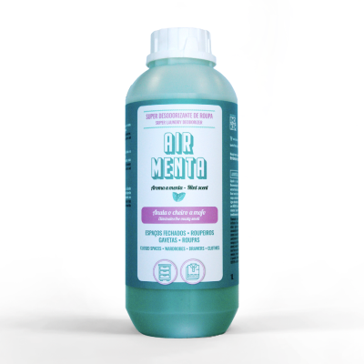 Frasco verde com tampa branca de sabão desodorizante de roupa Air Menta.