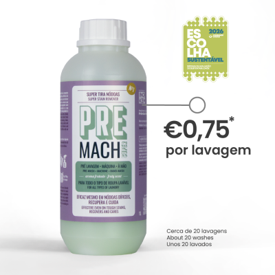 Frasco de produto pré-lavagem verde claro com rótulo roxo e branco e selo sustentável