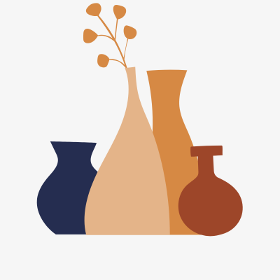 Quatro vasos decorativos em várias cores e formas com planta seca no vaso bege.