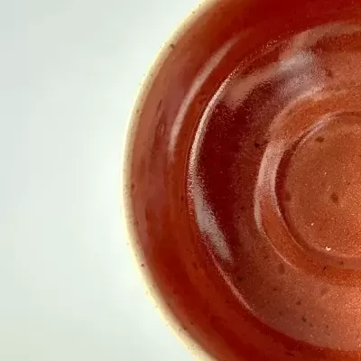 Parte de um prato de cerâmica vermelho e castanho brilhante sobre fundo branco