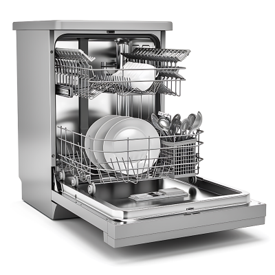Máquina de lavar loiça inox aberta com pratos e talheres.