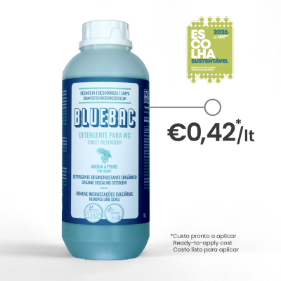 Frasco de detergente para WC Bluebac azul e branco com rótulo e selo sustentável