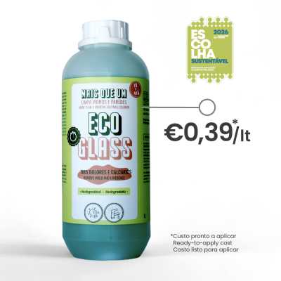 Frasco azul de produto de limpeza ECO GLASS para vidros com rótulo verde claro