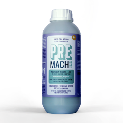 Frasco azul de líquido limpador PRE MACH com rótulo roxo e branco