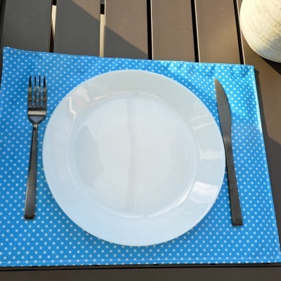 Prato branco, talheres pretos sobre individual azul com bolinhas brancas em mesa de madeira escura com vaso próximo