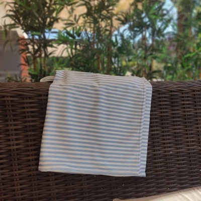 Pano riscado azul e branco sobre cadeira de verga com almofadas e plantas ao fundo