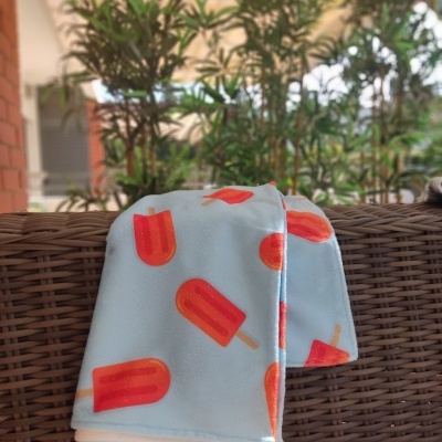 Manta azul claro com padrão de gelados vermelhos sobre sofá de vime castanho junto a plantas