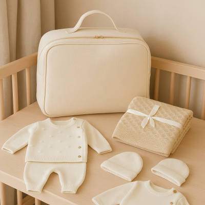 Conjunto creme de roupa de bebé com manta e mala em madeira clara