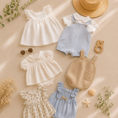 Roupas de bebé variadas com acessórios em fundo bege