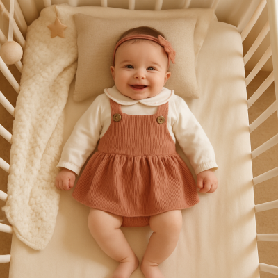 Bebé sorridente num berço branco com vestido castanho e faixa de cabelo