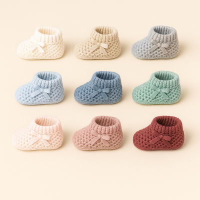 Botinhas de bebé em tricô de várias cores sobre fundo bege.