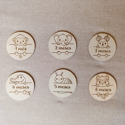 Discos redondos de madeira com gravuras de animais e meses