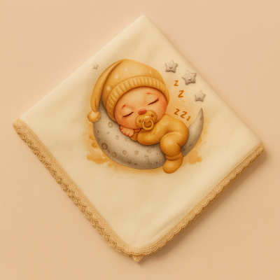 Fralda de bebé com ilustração de bebé a dormir e bordado rendado