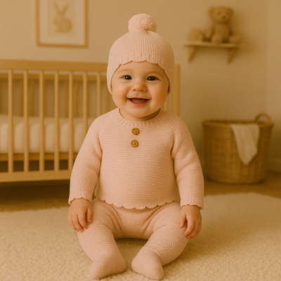 Bebé com roupa de malha cor de rosa claro sentado no chão do quarto