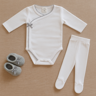 Conjunto de roupa para bebé branco e cinza com body, leggings e sapatinhos