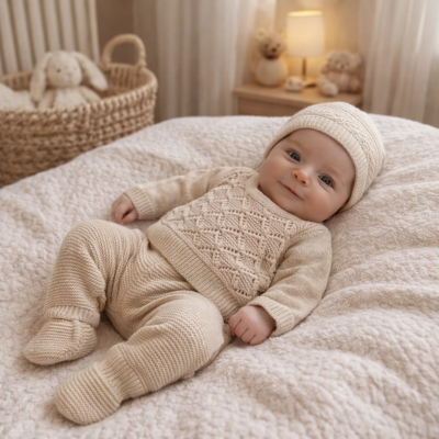 Bebé com roupa de malha bege, deitado em cama acolchoada numa decoração suave com berço e peluches ao fundo.