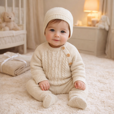 Bebé com roupa de malha creme e gorro sentado num tapete creme