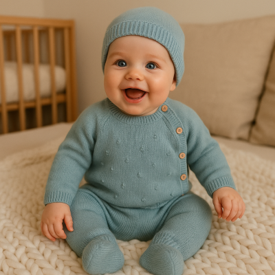 Bebé sorridente sentado em cama com roupa de malha azul-petróleo