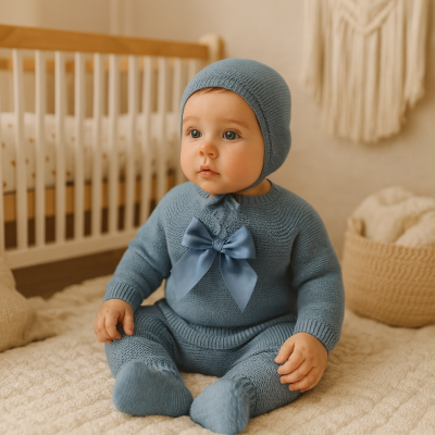 Bebé com fato de malha azul e gorro sentado em quarto acolhedor