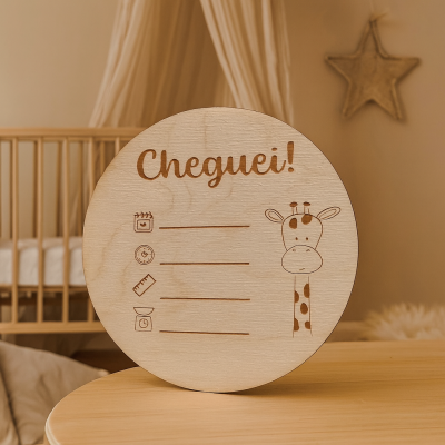 Placa redonda de madeira com gravação 'Cheguei!' e desenhos numa cena de quarto de bebé.