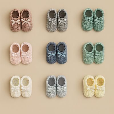 Sapatinhos de bebê em lã de várias cores com laço