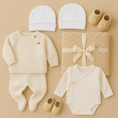 Conjunto de roupa de bebé creme e branco com acessórios e manta