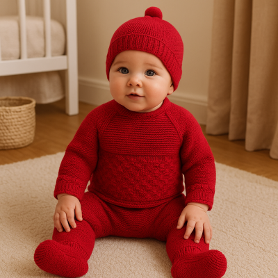 Bebé com roupa de malha vermelha sentado num tapete numa sala