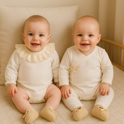 Bebés sentados em cama com roupas creme e sapatinhos bege.