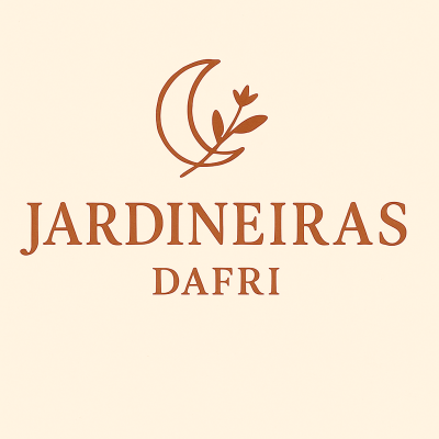 Logotipo JARDINEIRAS DAFRI em castanho com desenho de lua crescente e ramo