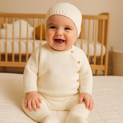 Bebé sorridente vestido com roupa de malha creme sentado num quarto com berço de madeira ao fundo