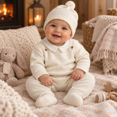 Bebé sorridente de macacão e gorro de malha creme sentado num ambiente acolhedor com peluche e manta.