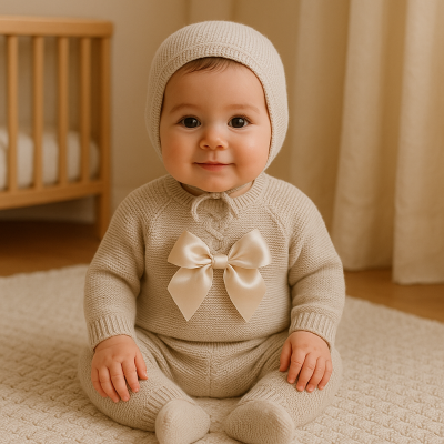 Bebé sentado com roupa de malha bege e laço de cetim em ambiente confortável